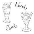 Set of glasses with parfait or ice cream. Vector ink sketch. Royalty Free Stock Photo