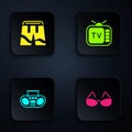 Set Glasses, Short or pants, Home stereo with two speakers and Retro tv. Black square button. Vector