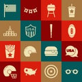 Set Glasses with stars, USA Independence day, American Football ball, Barbecue grill, Shield, City landscape, flag and