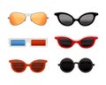Set of glasses and sunglasses. Summer eyewear, sun protection sunglasses and cinema glasses flat vector illustration Royalty Free Stock Photo