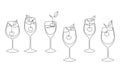 Set of glasses for wine or cocktails with a cherry berry. Continuous line drawing. Vector illustration Royalty Free Stock Photo