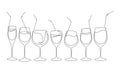 Set of glasses for wine or cocktails with a drinking straw. Continuous line drawing. Vector illustration Royalty Free Stock Photo