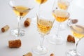 Set of glasses of yellow wine at wine tasting on white wooden table Royalty Free Stock Photo