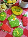 Set of glazed cookies handpainted as Easter traditional eggs and