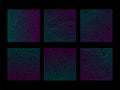 Set of glitched square of particles and lines in neon vivid colors on black background.