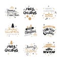 Set Of Glittering Calligraphic Lettering Icons Merry Christmas ANd Happy New Year Signs Isolated On White Background Royalty Free Stock Photo