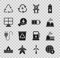 Set Global energy power planet, Factory, Wind turbine, Lightning bolt, Solar panel, Recycle symbol and Battery icon Royalty Free Stock Photo