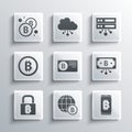 Set Globe Bitcoin, Mining bitcoin from mobile, with circuit, Credit card, Lock, and Server icon. Vector Royalty Free Stock Photo