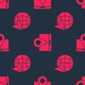 Set Globe with flying plane and Laptop with location marker on seamless pattern. Vector