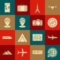 Set Globe with flying plane, Plane, Compass, Eiffel tower, Map pointer mountain, Egypt pyramids, Infographic of city map