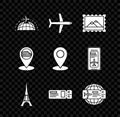 Set Globe with flying plane, Plane, Postal stamp and Mountains, Eiffel tower, Travel ticket, Airline, Map pointer