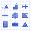 Set Globe with flying plane, Suitcase for travel and stickers, Tourist tent, Postal stamp Coliseum, Passport biometric