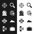 Set Globe with flying plane, Web camera, Outsourcing concept, Magnifying glass, Hourglass and gear and Mountains icon