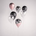 Set of glossy black, transperent, pink, black and white marble 3D realistic balloon on the stick for party, events, presentation o