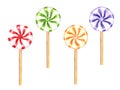 Set of glossy candies, lollipops with red, green, blue, yellow swirl, stripes. Round bonbons on stick, sweet multicolored caramel