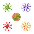 Set of glossy candies, lollipops with red, green, blue, yellow swirl, stripes. Round bonbons, sweet multicolored caramel.