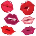 Set of glossy lips in tender kiss.