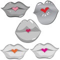 Set of glossy lips in tender kiss.