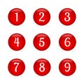Set of glossy round buttons with numbers from 1 to 9. Red glass buttons isolated on white. Numbered badges vector icons. 3d keys