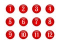 Set of glossy round buttons with numbers from 1 to 12. Red glass buttons isolated on white. Numbered badges vector icons. 3d keys