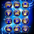 Set of glossy round zodiac icons with gold linear symbols on blu Royalty Free Stock Photo