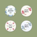 Set of glossy sale buttons or badges. Product promotions. Big sale, special offer, 50 off. Spring tag design, voucher Royalty Free Stock Photo