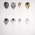 Set of glossy and satin black, white, golden, silver 3D realistic balloons on the stick for party, events, presentation or other p