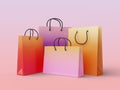 Set of glossy shopping bags in gradient colors on a sweet pastel background, 3d render with clipping path