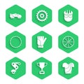Set Gloves, Award cup with bicycle, Cycling t-shirt, Bicycle wheel, Derailleur rear, helmet and shoes icon. Vector Royalty Free Stock Photo