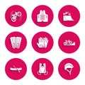 Set Gloves, Parachute, Bicycle helmet, on street ramp, Rafting boat, Rubber flippers for swimming, and trick icon Royalty Free Stock Photo