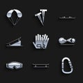 Set Gloves, Skateboard, Carabiner, trick, Ski goggles, on street ramp, Snowboard and Parachute icon. Vector Royalty Free Stock Photo