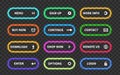 Set of glow action buttons. Neon web submit form, modern transition sign, game navigation. Glowing vector ui design Royalty Free Stock Photo