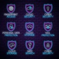 Set of glow neon secure signs. Internet protection technology glowing symbols collection. Vector illustration