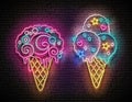 Set of Glow Signboards with Different Ice Cream in Waffle Cones Royalty Free Stock Photo