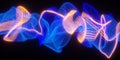 Set of glowing blue and orange twirling mesh array lines on black background, abstract modern data visualisation, science,
