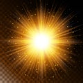 Set of glowing light effect star, the sunlight warm yellow glow with sparkles on a transparent background. Vector illustration Royalty Free Stock Photo