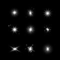 Set of glowing light effect stars. Bursts with sparkles on dark transparent background. Transparent vector stars isolated on dark Royalty Free Stock Photo