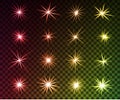 Set of Glowing light effects. Sparkles. Shining stars, bright flashes of lights with a radiating. Transparent light effects in Royalty Free Stock Photo