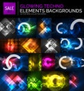 Set of glowing neon techno shapes, abstract background collection