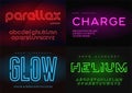 Set of glowing neon vector typefaces, alphabets, letters, fonts,