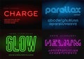 Set of glowing neon vector typefaces, alphabets, letters, fonts,