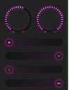 Set of glowing purple buttons and sliders. Neon style. Control user interface. Rubber and metal switches. Adding and decreasing th