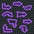 Set of glowing purple neon arrows