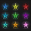 Set of 9 glowing stars on a black background