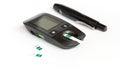 Set glucometer and syringe with Diabetes Indicator Strips For Blood Glucose Testing Isolated on white background