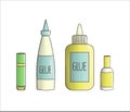 Set of glue icons. Vector colored stationery, writing materials, office or school supplies isolated on white background. Cartoon Royalty Free Stock Photo