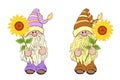 Set Gnomes with Sunflowers. Two little summer garden gnomes in funny hats. Collection of cute holidays elves with flowers for Royalty Free Stock Photo