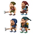 Set of goblins with a bludgeon, axe, hammer and club. Fantastic inhabitants of the forest. Vector illustration.
