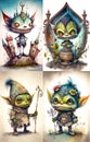 Set of goblins portraits, fairy tale characters, fantasy whimsical creature, digital illustration Royalty Free Stock Photo