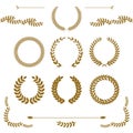 Set of gold award laurel wreaths and branches on white background, vector illustration Royalty Free Stock Photo